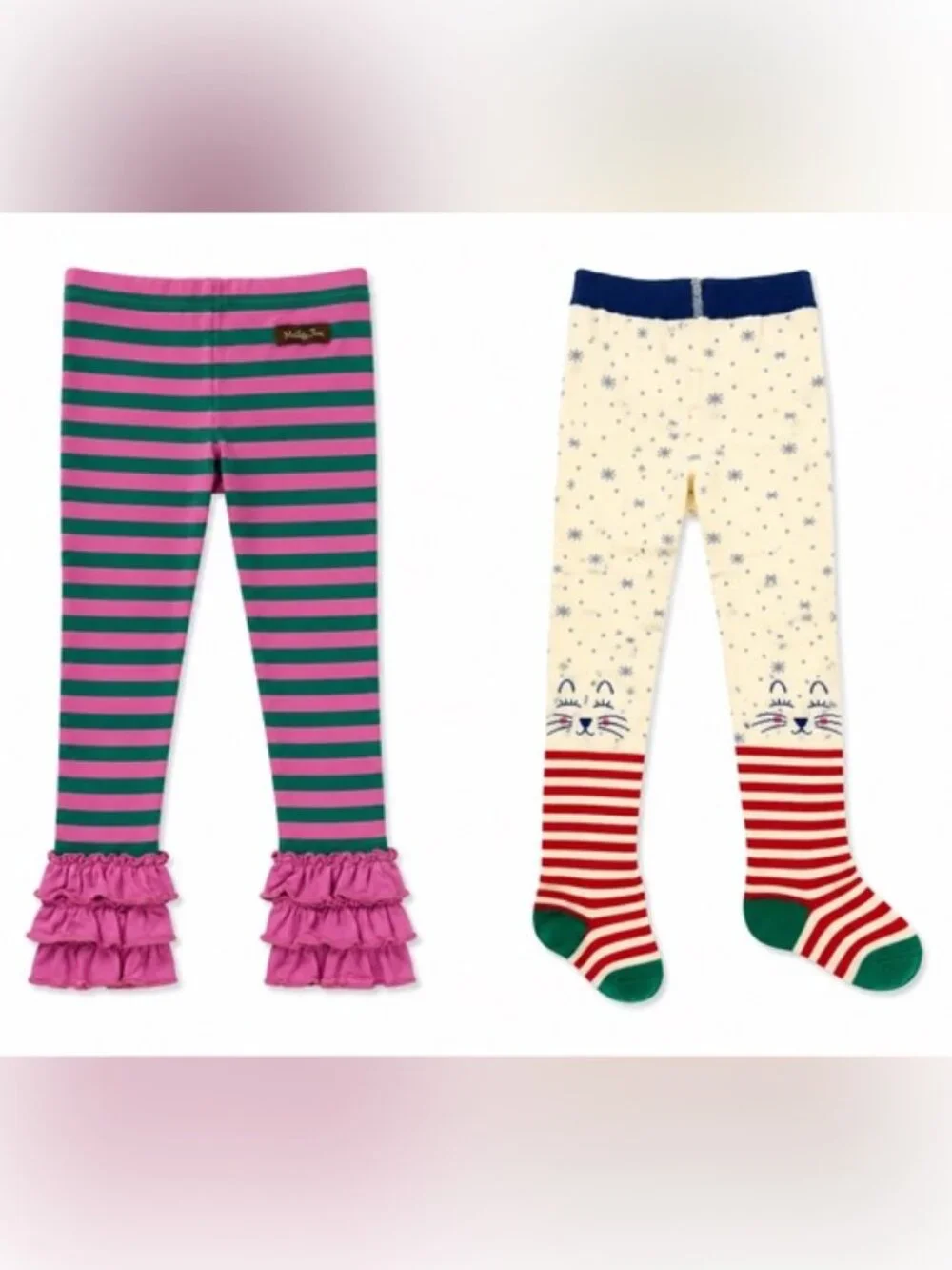 Matilda Jane Girls Ruffle Leggings Sz 4 & Kitty Tights Sz 4/6 Set Pink Green